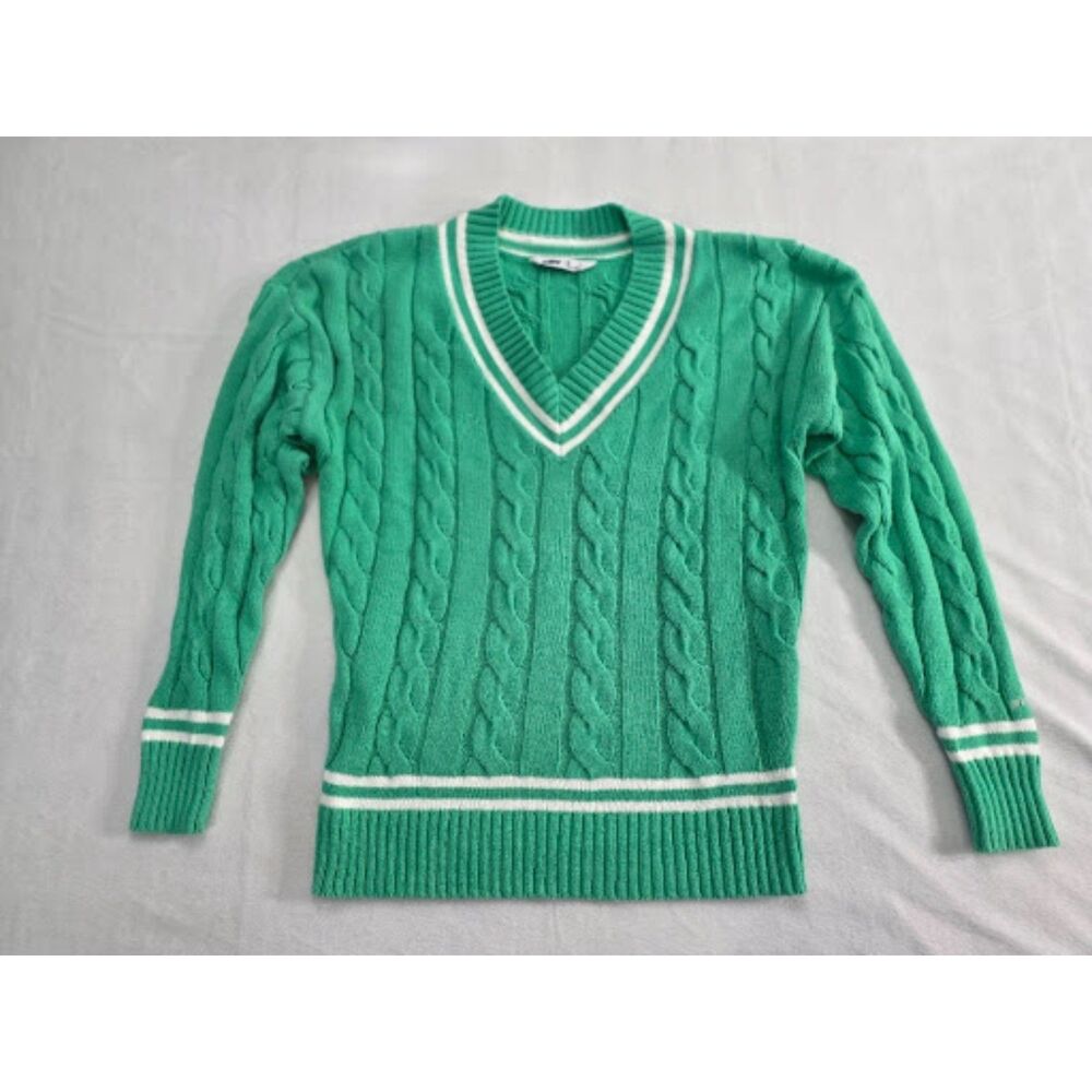 Prince Womens S Green White Cable Knit V-Neck Tenniscore Sweater Pullover